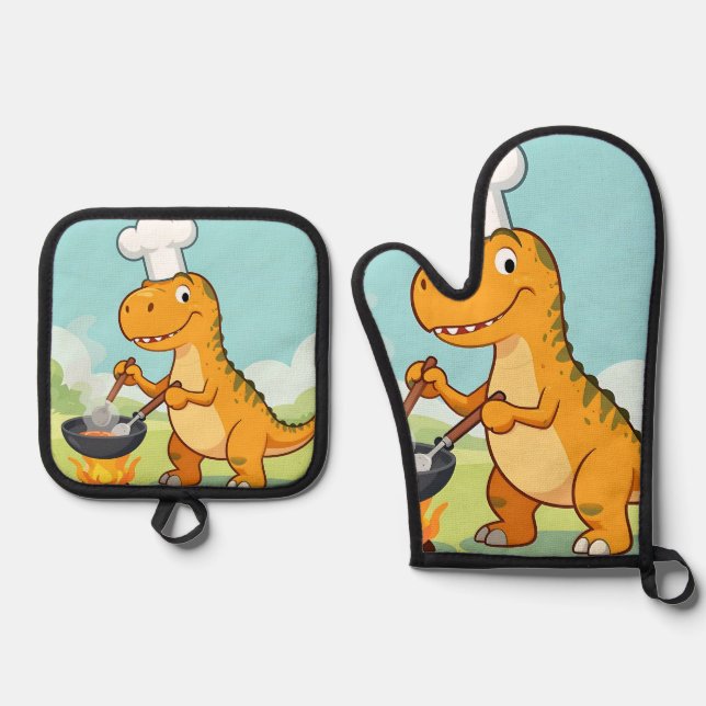 Dinosaur Chef Cooking Funny Oven Mitt & Pot Holder Set (Front)