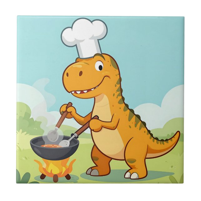 Dinosaur Chef Cooking Funny Tile (Front)