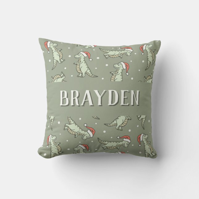 Dinosaur Christmas Boy Name Santa Tyrannosaurus Throw Pillow (Front)