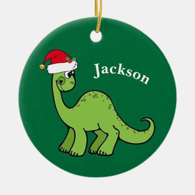 Dinosaur Christmas Cute Custom Kids Green Ceramic Ornament (Front)