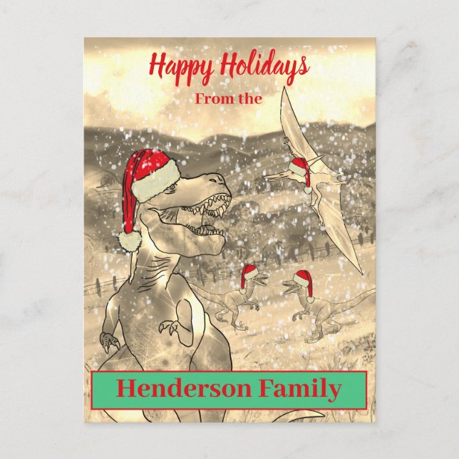 Dinosaur Christmas Funny T Rex Santa Family Name Holiday Postcard (Front)