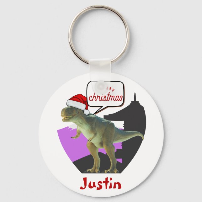 dinosaur christmas gift, personalized name  keychain (Front)