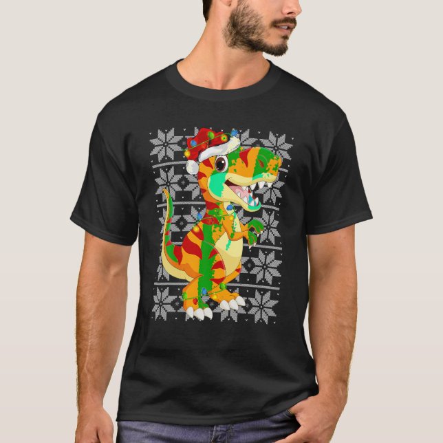 Dinosaur Christmas Lights Reindeer Santa Hat Ugly  T-Shirt (Front)