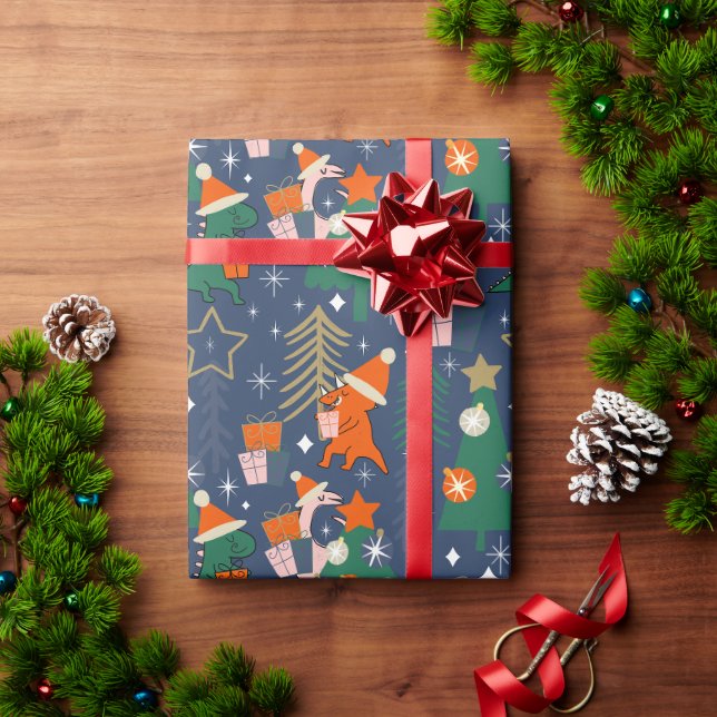 Dinosaur Christmas Party Blue Wrapping Paper (Holiday Gift)