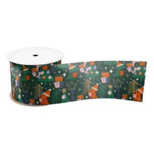 Dinosaur Christmas Party Green  Satin Ribbon