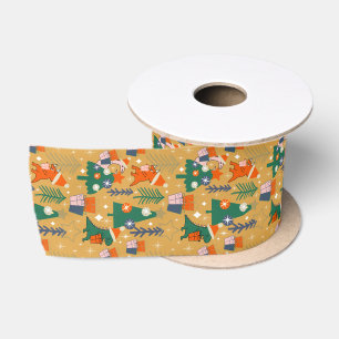 Dinosaur Christmas Party Yellow  Satin Ribbon