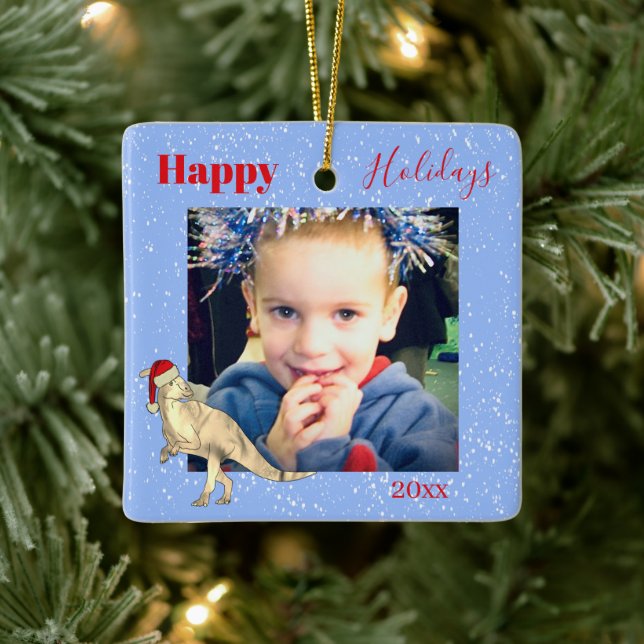 Dinosaur Christmas photo kids keepsake Ceramic Ornament (Tree)