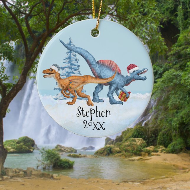 Dinosaur Christmas Raptor Watercolor Name Ceramic Ornament (Creator Uploaded)