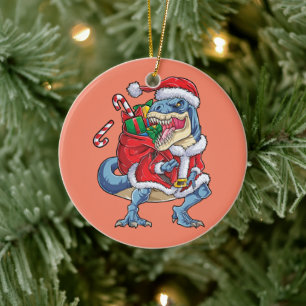 Dinosaur Christmas Santa Claus T rex Boys Men Ceramic Ornament
