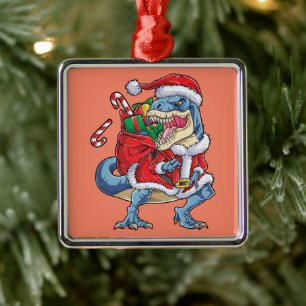 Dinosaur Christmas Santa Claus T rex Boys Men Metal Ornament