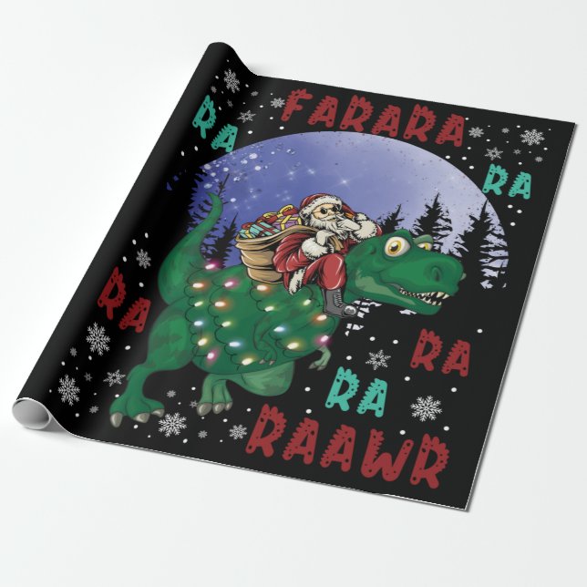 Dinosaur Christmas Santa Claus Wrapping Paper (Unrolled)