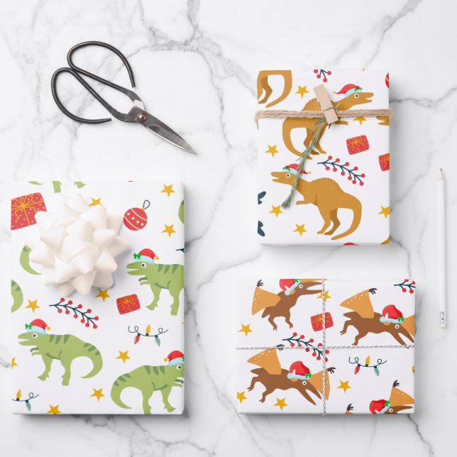 Dinosaur Christmas Santa Hat Pattern, White Wrapping Paper Sheet (Front)