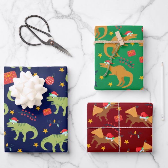 Dinosaur Christmas Santa Hat Pattern Wrapping Paper Sheet (Front)