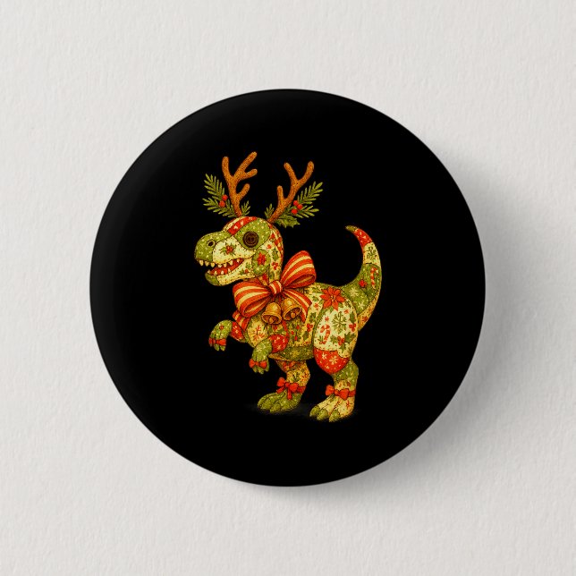 Dinosaur Christmas Season Patchwork T-rex Squad Fa 2 Inch Round Button (Front)