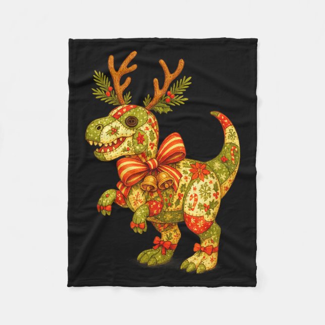 Dinosaur Christmas Season Patchwork T-rex Squad Fa Fleece Blanket (Front)