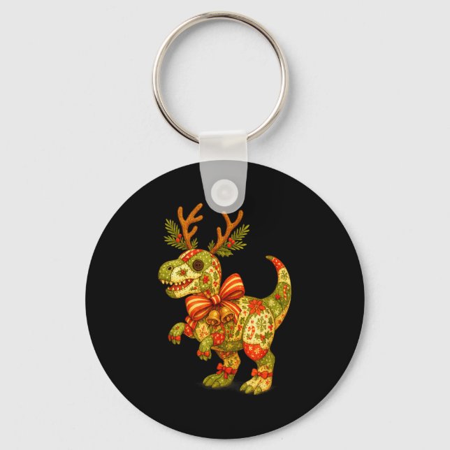 Dinosaur Christmas Season Patchwork T-rex Squad Fa Keychain (Front)