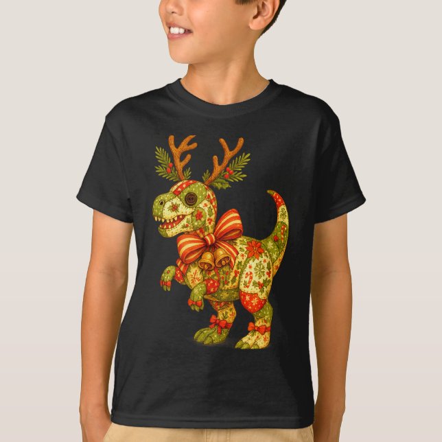 Dinosaur Christmas Season Patchwork T-rex Squad Fa T-Shirt (Front)