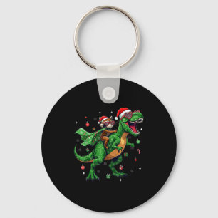 Dinosaur Christmas T Rex Raccoon Santa Holiday Keychain