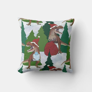 Dinosaur Christmas T-Rex Santa Throw Pillow