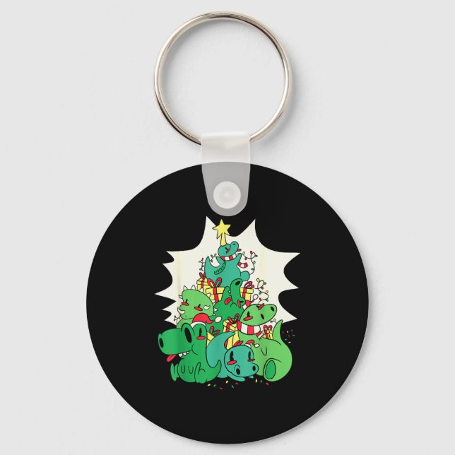 Dinosaur Christmas Tree Cartoons Holiday Tyrannosa Keychain (Front)