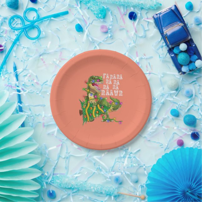 Dinosaur Christmas Tree Rex Men Boys Kids Paper Plate (Party)