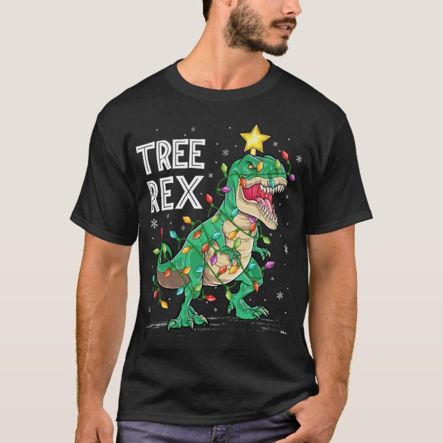 Dinosaur Christmas Tree Rex Pajamas Men Boys Xmas  T-Shirt (Front)