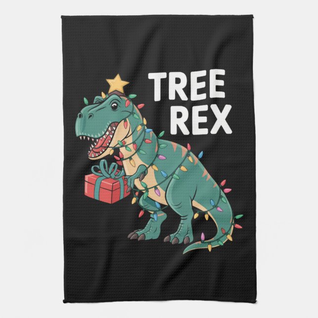 Dinosaur Christmas Tree Rex Pyjamas Xmas Lights  Kitchen Towel (Vertical)