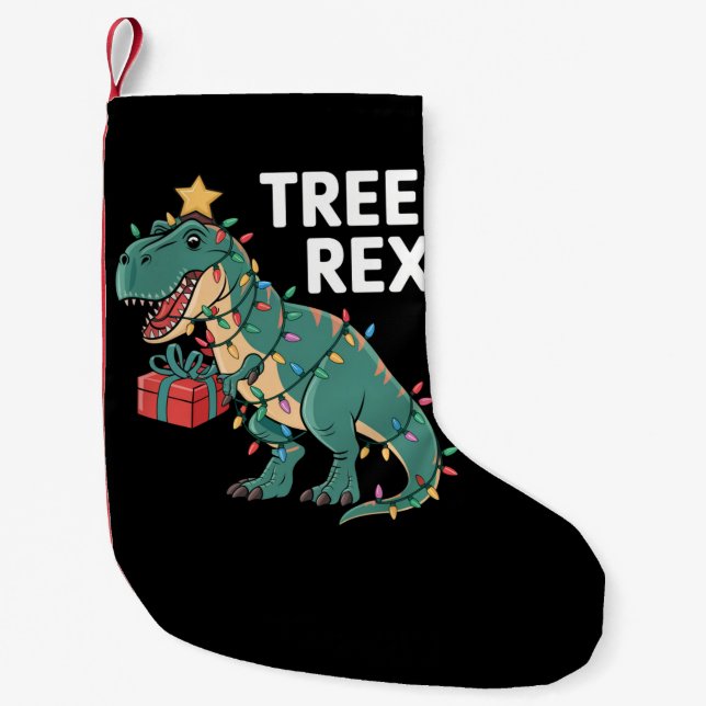 Dinosaur Christmas Tree Rex Pyjamas Xmas Lights  Small Christmas Stocking (Front)