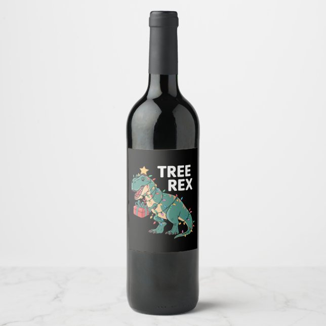 Dinosaur Christmas Tree Rex Pyjamas Xmas Lights  Wine Label (Front)