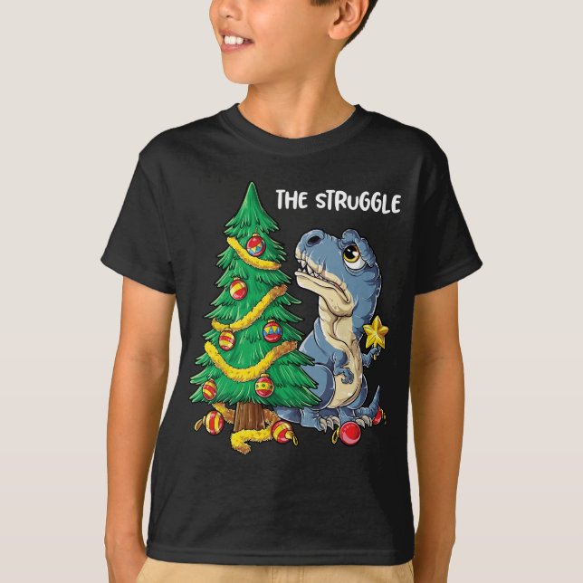 Dinosaur Christmas Tree Rex The Struggle Boys Xmas T-Shirt (Front)