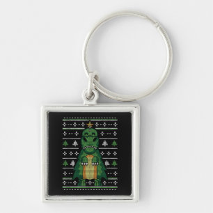 Dinosaur Christmas Tree Ugly Sweater Keychain