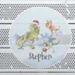 Dinosaur Christmas Tyrannosaur Raptor Name Classic Round Sticker<br><div class="desc">This design may be personalized in the area provided by changing the photo and/or text. Or it can be customized by clicking Personalize this Template and then choosing the click to customize further option and delete or change the colour of the background, add text, change the text colour or style,...</div>