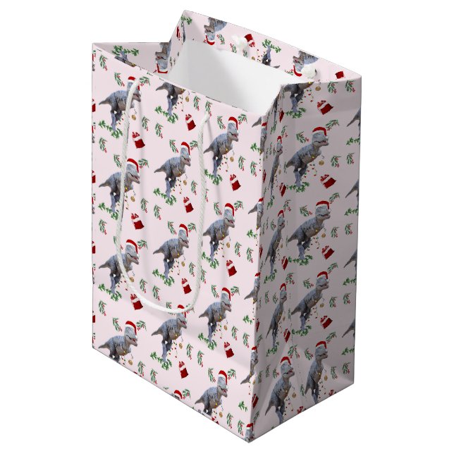 Dinosaur Christmas Wrapping Paper Roll Medium Gift Bag (Front Angled)
