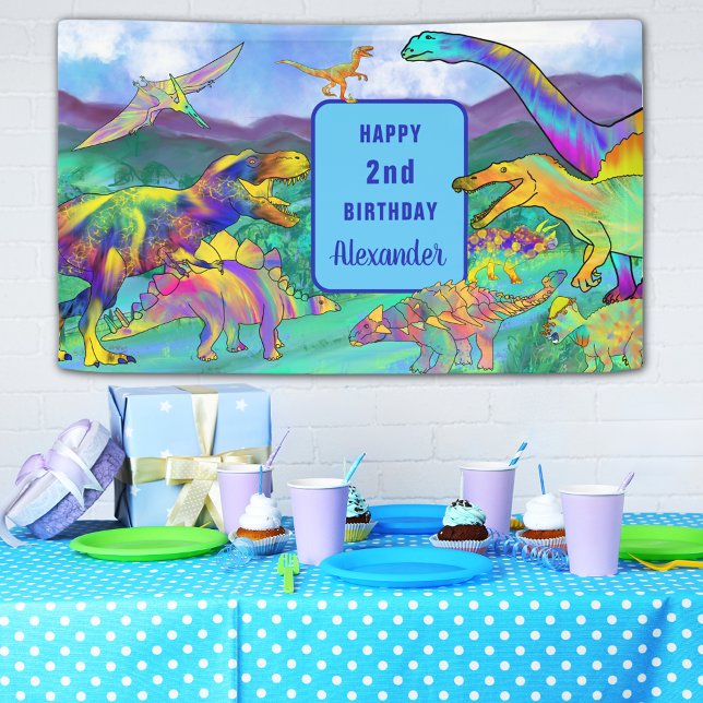 Dinosaur colourful 2nd birthday Personalized Banner (Colorful dinosaur 2nd birthday party banner T-Rex brontosaurus stegosaurus pterodactyl velociraptor )