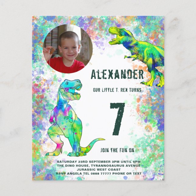 Dinosaur Colourful Birthday Party Photo Budget Flyer (Front)