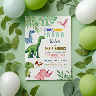 Dinosaur Colourful Cute 1st Birthday Invitation