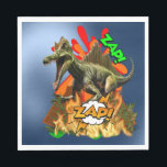 Dinosaur comic art volcano zap prehistoric animal napkin<br><div class="desc">If your son is mad about dinosaurs then this fun design featuring a carnivorous t-rex type dinosaur running with an exploding volcano in the background is ideal. The words zap in green and orange appear around him and he is running through burning flames.</div>