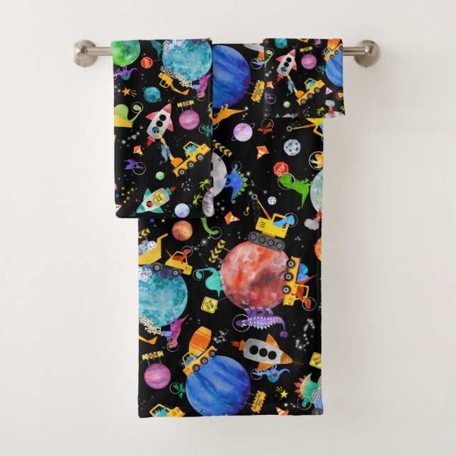 Dinosaur Construction Crew Outer Space Astronauts Bath Towel Set (Insitu)