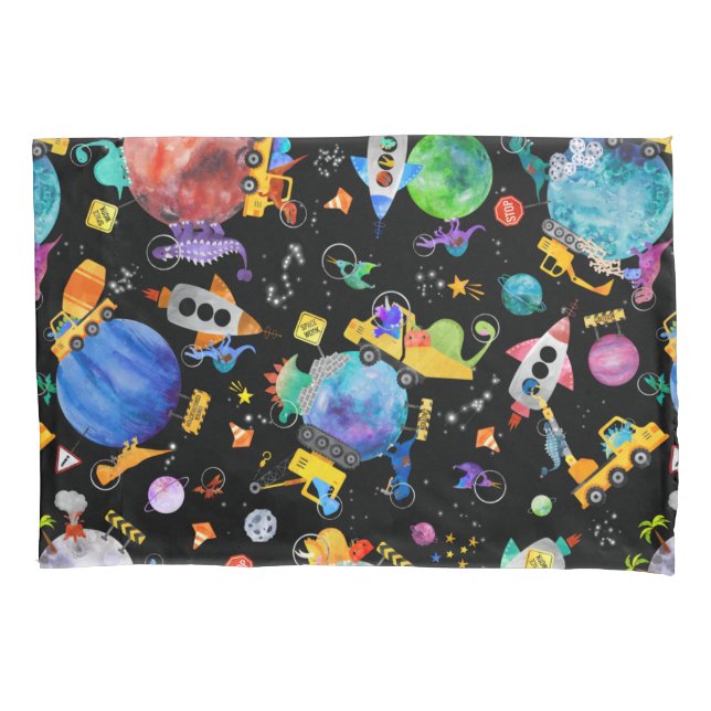 Dinosaur Construction Crew Outer Space Astronauts Pillowcase (Front)