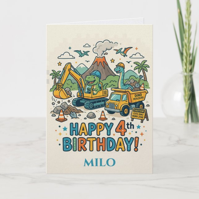 Dinosaur Construction Customized Birthday Card  (Front)