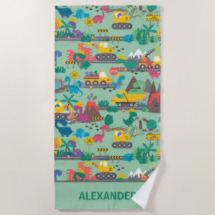 Dinosaur Construction Kids Personalized Beach Towel