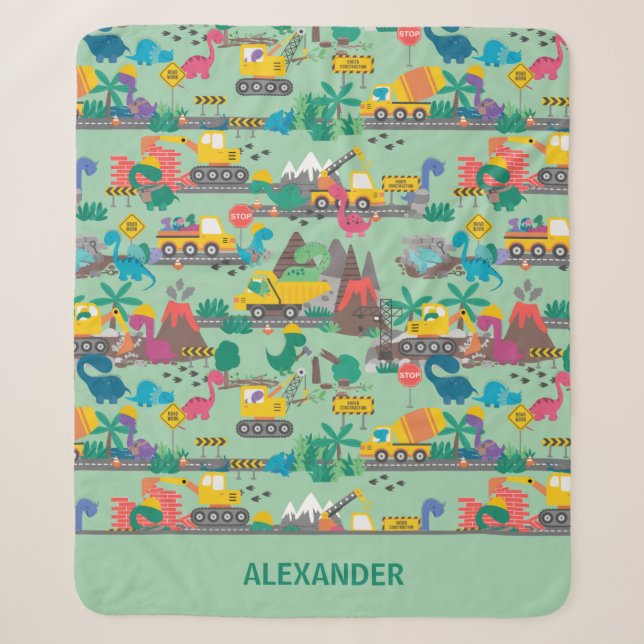 Dinosaur Construction Kids Personalized Sherpa Blanket (Front)