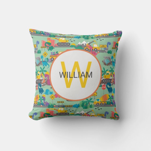 Dinosaur Construction Kids Throw Pillow (Front)