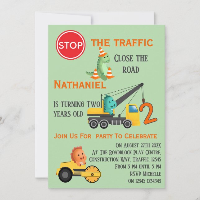 Dinosaur Construction Vehicle 2nd Birthday Party Invitation (Front)