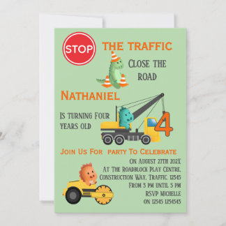 Dinosaur Construction Vehicle 4th Birthday Party Invitation