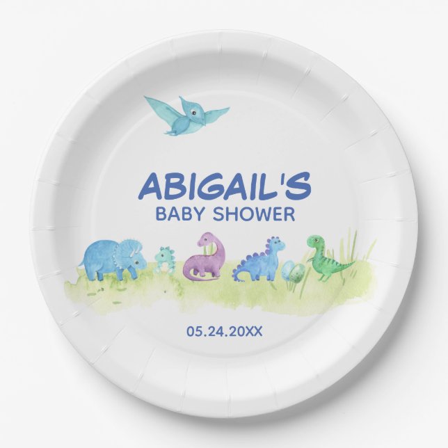 Dinosaur Cute Baby Shower Watercolor Party Paper Plate (Front)