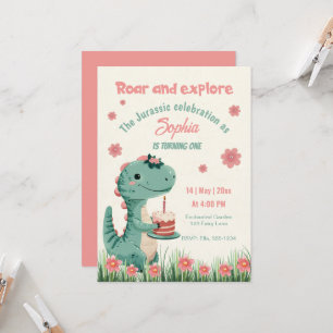 Dinosaur Cute Jurassic Funny Girl First Birthday Invitation
