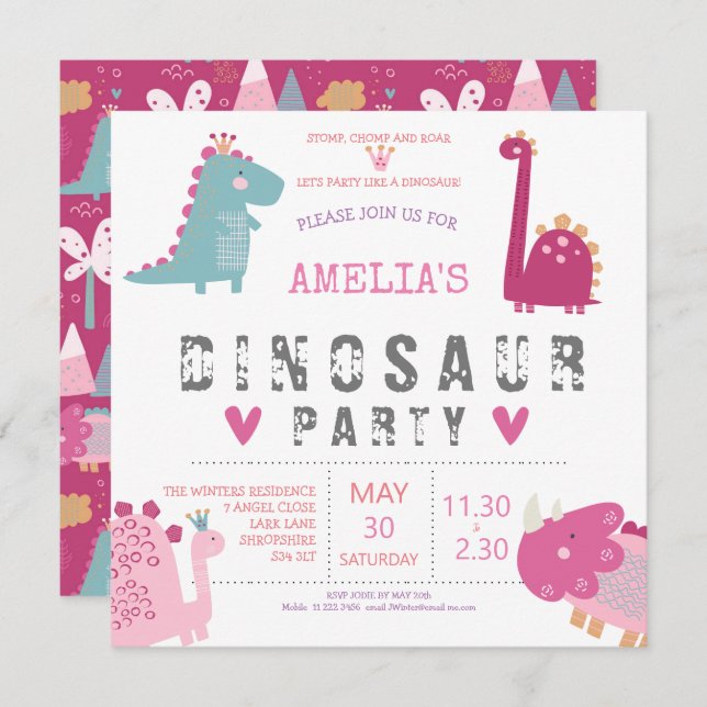 Dinosaur cute modern pink Birthday Party Invitation (Front/Back)