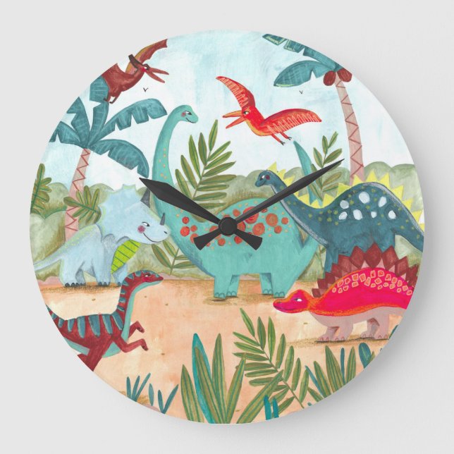 Dinosaur cute pre historic jungle kids canvas prin large clock (Front)