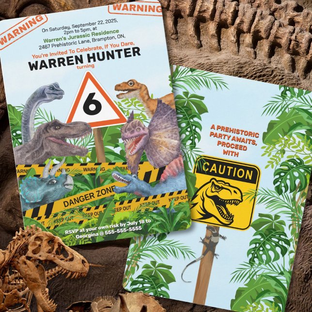 Dinosaur Danger Birthday Invitation (Grab your bold dinosaur invitation with jungle leaves, warning tape, and adventure - if you dare!)